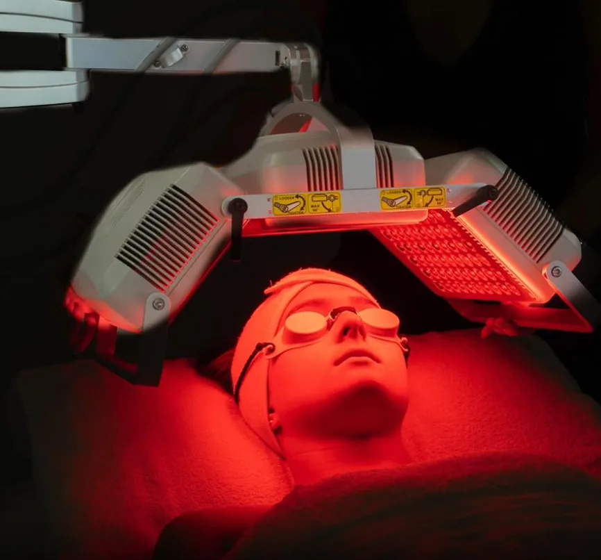 A patient receiving photodynamic therapy under a red LED light